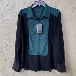 NEW W118 by Walter Baker Medium Sheer Color Block Blouse Black & Green